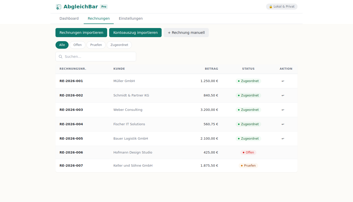 AbgleichBar Rechnungsliste — Status-Badges Zugeordnet und Offen